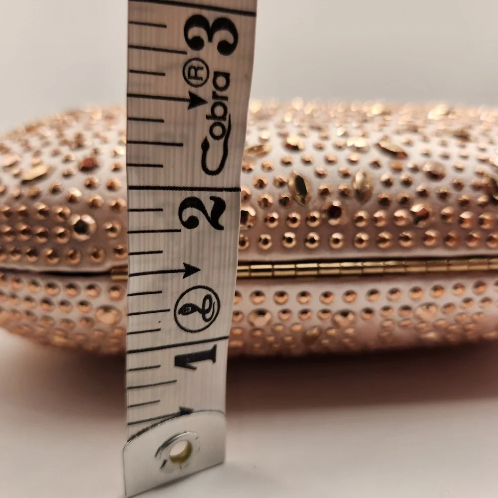 Olga Berg Faye Oval Hard Case Clutch  Rose Gold Tone Hotfix Rhinestone Bag A